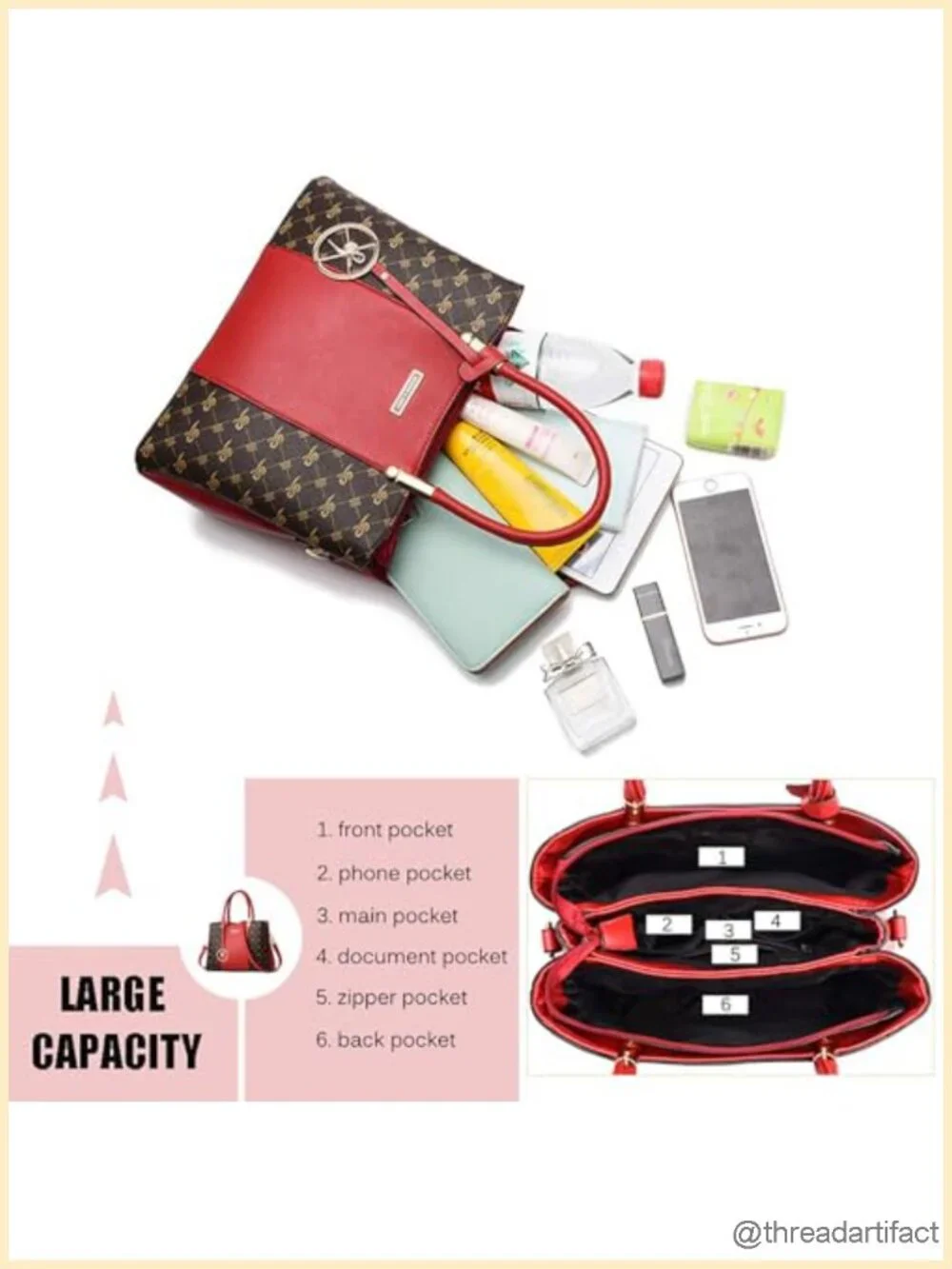 PU Leather Satchel Tote Shoulder Bag Crossbody Messenger 3 Compartments